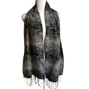 Cejon Italian Black & Gray Paisley Fringe Wrap Scarf